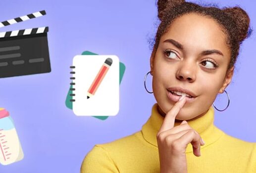 Woman thinking next to a movie clapperboard, baby bottle and notebook and pencil