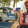 Woman with travel ticket and coach