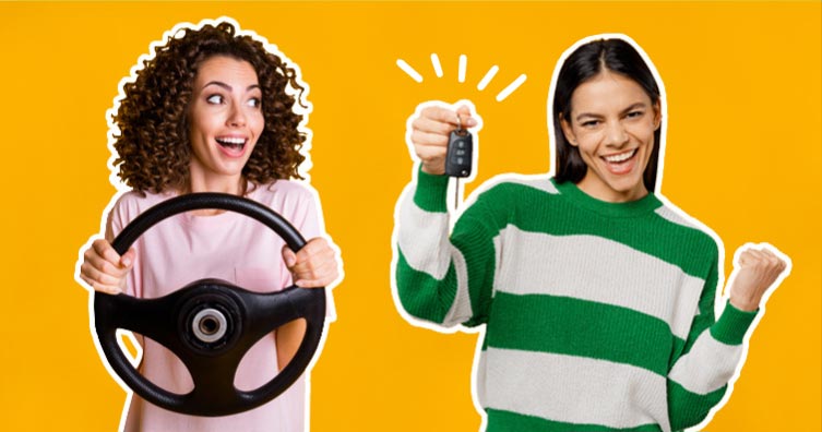woman with steering wheel and woman with car keys