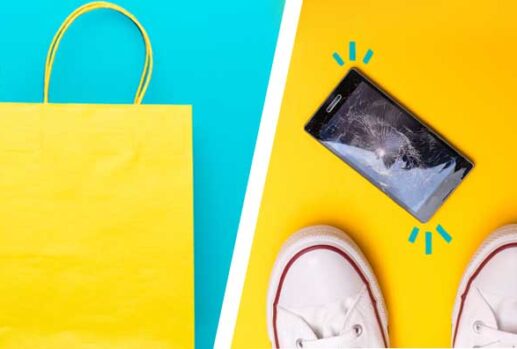 yellow shopping bag and broken phone by shoes